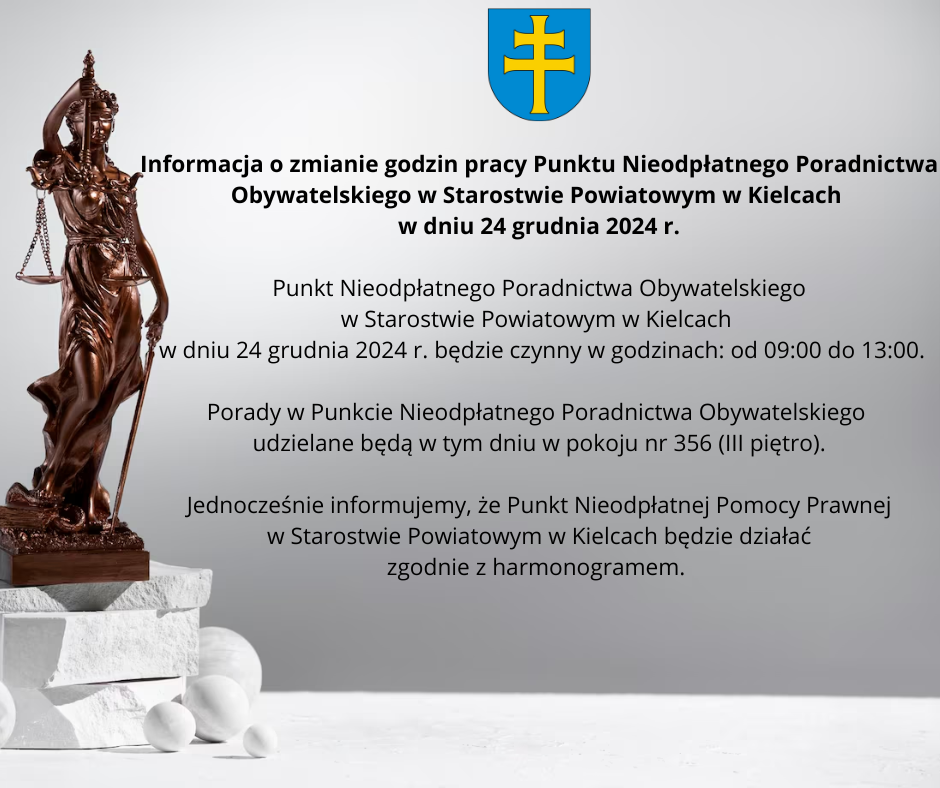 Informacja o zmianie godzin pracy Punktu Nieodpłatnego Poradnictwa Obywatelskiego